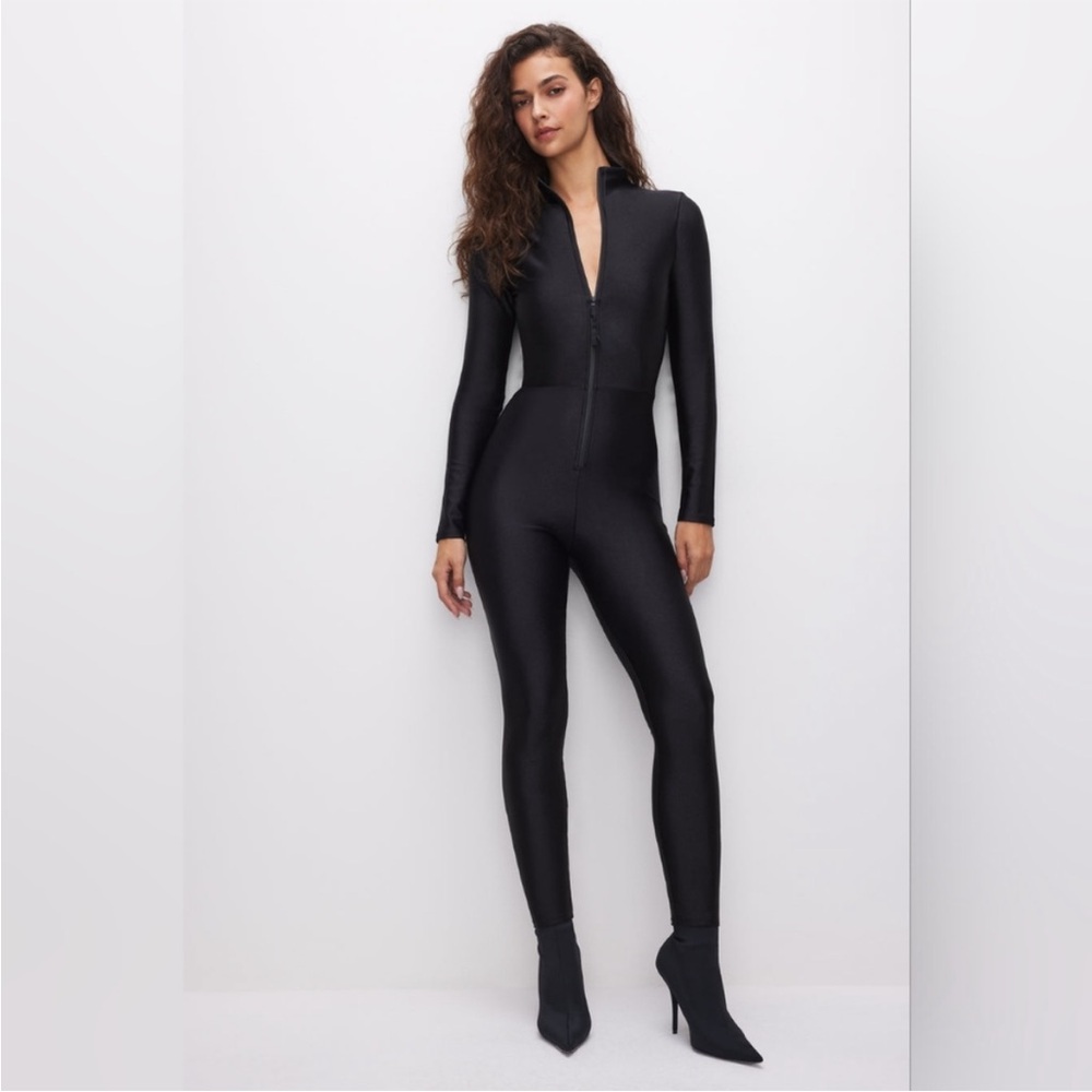 Good American Long Sleeve Zip Up Catsuit Black Small